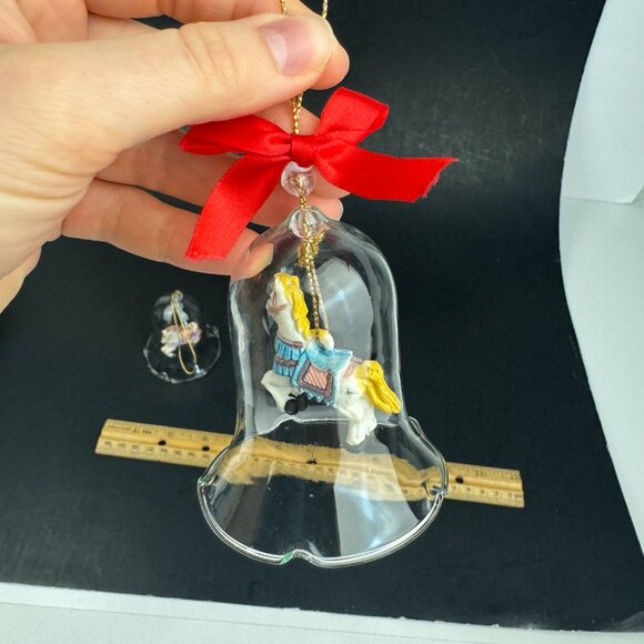Vtg 2 Carrousel Bell Ornaments Bell Decorative Clear Glass 1 w Orig Box READ - Picture 9 of 11